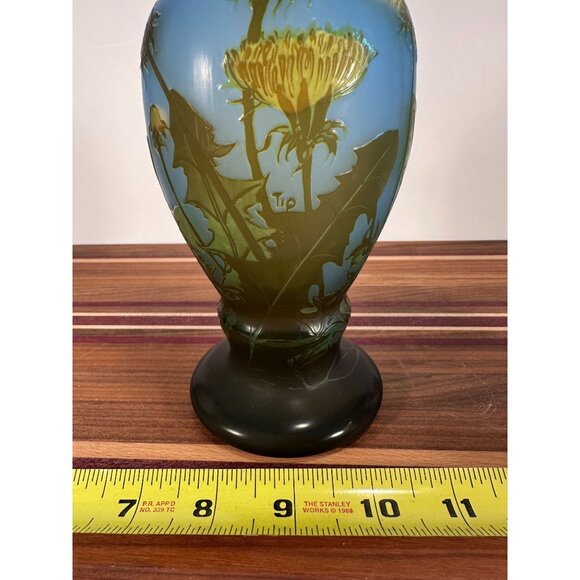 Antique Style Blue & Green Glass Vase With Dandelion Design 10" Tall Handcrafted - Picture 6 of 9